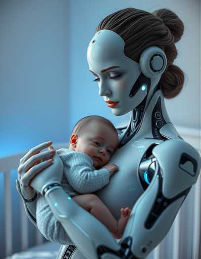A woman holding a baby dressed as a robot on her chest against a white wall.