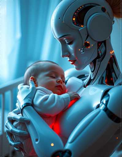 A mother robot cradling a sleeping baby against a beige wall with a window and white curtain.