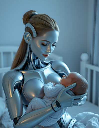 A woman dressed as a robot cradling a baby on her lap against a white wall with a window and a bed visible in the background.