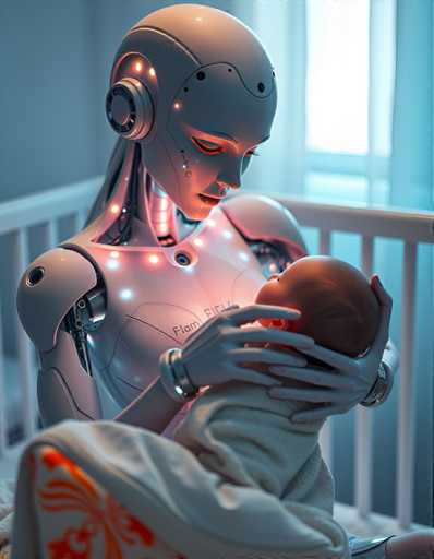A robot with glowing green eyes and a white head is holding a baby wrapped in a white blanket on the left side of the image.