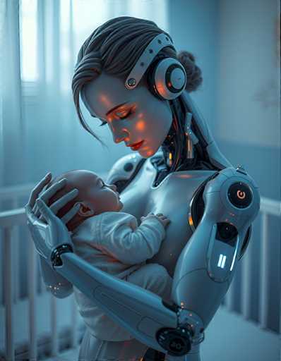 A woman wearing headphones cradles a baby in her arms in front of a window with white curtains and a beige wall.