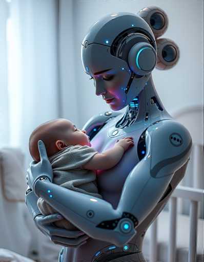 A mother robot cradling a baby robot on her chest.
