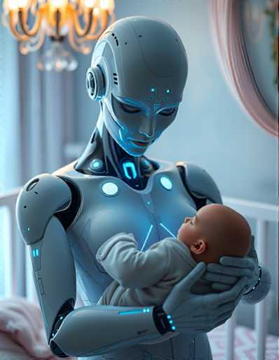 A robot with blue eyes and a silver head is holding a baby dressed in white clothing against the backdrop of a room with a pink wall and a chandelier hanging from the ceiling.