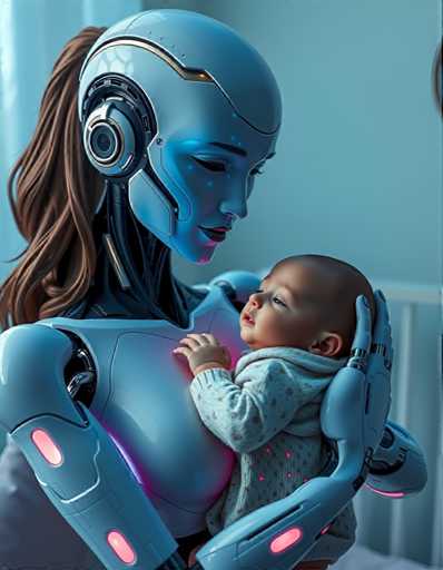 A woman wearing a blue robot suit cradles a baby dressed in a white onesie with pink polka dots and pink buttons on the arms. The scene is set against a beige wall with a window visible to the right of the image.