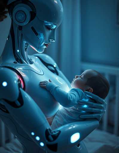 A mother robot is holding her baby robot child on a bed with white sheets and a beige wall behind them.