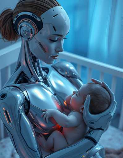 A woman wearing headphones cradling a baby in her arms against a blue background with white curtains and a window.