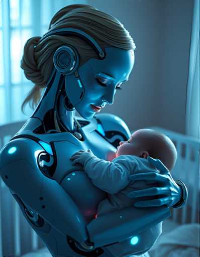 A woman dressed as a robot cradling a baby in her arms against the backdrop of a window with white blinds and a beige wall.