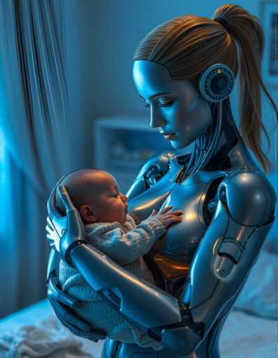A woman holding a baby in her arms against a blue wall with white curtains and a window.