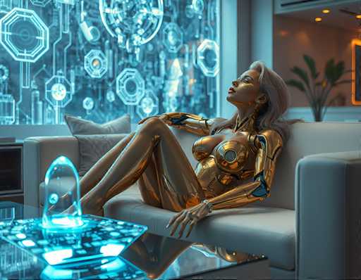 A woman is depicted lounging on a white couch with her legs crossed and arms resting on the armrests. She has blonde hair styled in loose waves and is wearing a gold-colored outfit that includes a skirt and bodysuit. The background features a blue wall adorned with various geometric shapes, including circles and triangles, as well as a glass table holding a blue crystal ball.