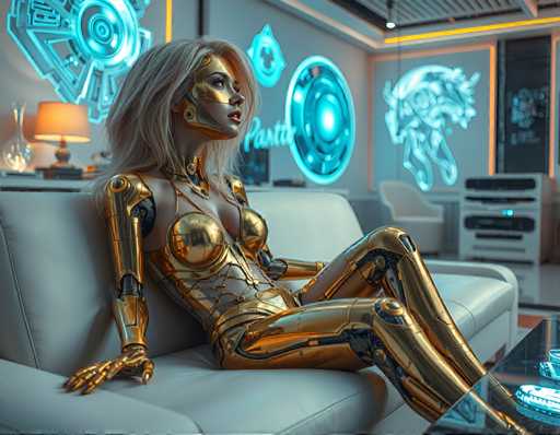 A woman is sitting on a white couch with gold metallic legs and arms, wearing a golden bodysuit that has a face painted on it. The background features neon lights and a desk lamp, creating an futuristic atmosphere.