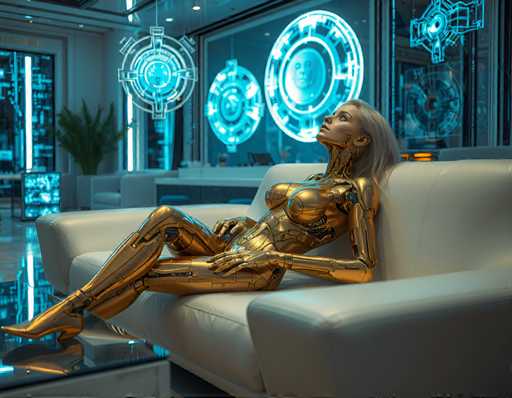 A woman is depicted in a futuristic setting with gold-colored skin and metallic armor, lying on a white couch in front of a large window that reveals the interior of a building filled with blue neon lights.