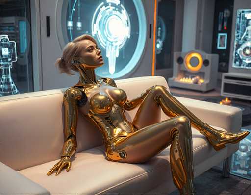 A woman dressed in a metallic gold suit is sitting on a white couch with her legs crossed and her arms resting on the armrests of the couch. The room has a futuristic design, featuring a large circular window that reflects light from above, creating an ethereal glow throughout the space.