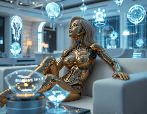 A woman is seated on a white couch in a futuristic room with blue neon lights and abstract shapes floating around her. She is wearing a gold-colored suit that appears to be made of metal or glass, giving it an ethereal quality. The background features a white wall adorned with various abstract shapes and designs, adding to the overall futuristic aesthetic of the scene.