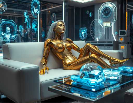 The image shows a woman sitting on a white couch with gold legs and arms. The woman is wearing a golden costume that includes a headpiece and boots. She appears to be resting her head on the arm of the couch. In front of the couch, there are two blue bowls placed next to each other.