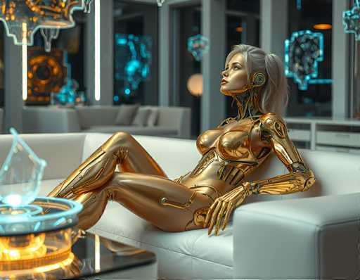 A woman dressed in a gold bodysuit is sitting on a white couch with her legs crossed and looking off to the side. The room has a modern design with blue neon lights illuminating the space.