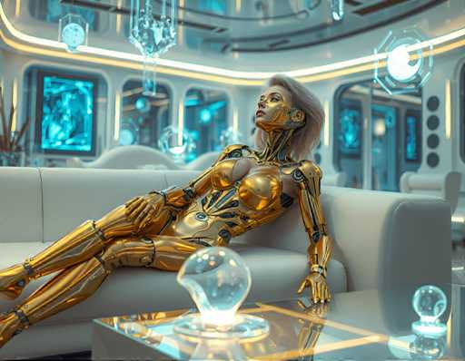A woman with blonde hair is sitting on a white couch in a futuristic room. She is wearing a gold suit and has a glass headpiece on her head. The room features a large window that allows natural light to enter the space, creating an ethereal glow around the woman. A clock hangs on the wall above the couch, and there are several other people visible in the background but they are blurred out.