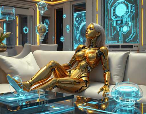 The image depicts a futuristic room with a woman sitting on a white couch and wearing a gold-colored robot suit. The room is filled with various objects such as a glass table, a lamp, and a clock. The background features blue neon lights that create an otherworldly atmosphere.