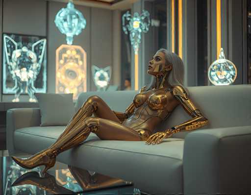 A woman with blonde hair and gold skin is sitting on a white couch in a modern living room. She is wearing a gold bodysuit that has intricate designs on her chest and legs. The room features a large window with neon lights behind the couch, creating an ethereal glow. A painting of a cat hangs above the couch, adding to the futuristic aesthetic of the space.