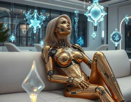 A woman dressed as a robot is sitting on a white couch with her legs crossed and arms resting on the armrests. The room has a modern design with blue lights hanging from the ceiling and silver accents throughout.