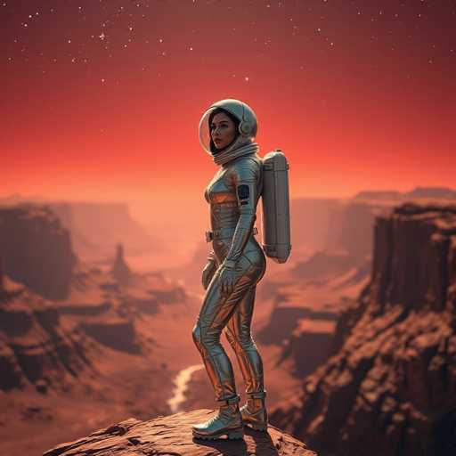 A woman dressed as an astronaut stands on a rocky cliff overlooking a canyon at night. She is wearing a silver suit and helmet with a visor that shields her eyes from the stars above. The canyon below her feet is filled with red rock formations, creating a striking contrast against the dark sky.