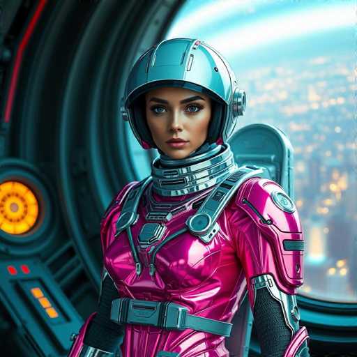 A woman is standing in front of a window with her arms crossed and looking directly at the camera. She is wearing a pink suit that has silver accents and a helmet with a visor. The background shows an image of a city skyline under a starry night sky.
