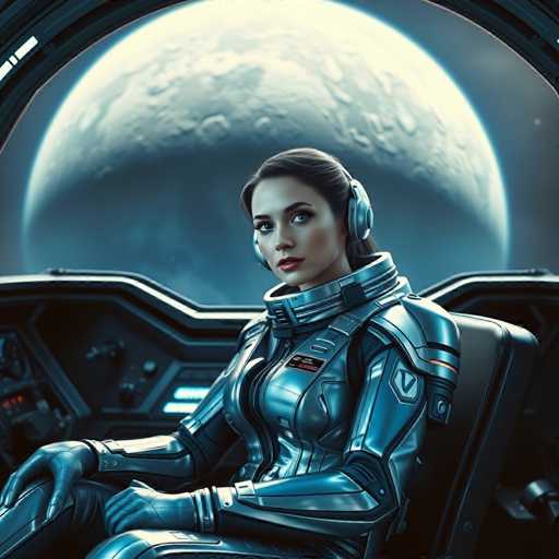 A woman is seated inside a spaceship cockpit with her hands on the controls and headphones around her ears. The background features a large planet with a blue hue against a dark sky.