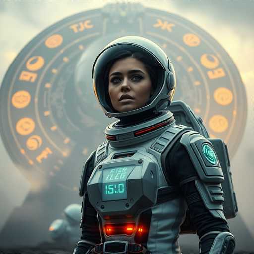 A woman dressed as an astronaut stands in front of a large circular clock with the numbers "1-2-3" and "4-5-6". The background is blurred, suggesting motion or speed.