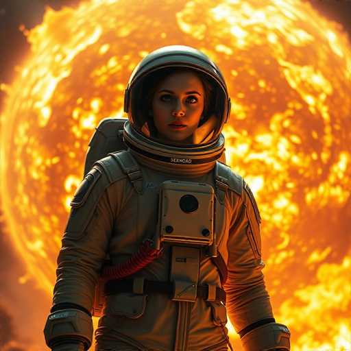 A woman dressed as an astronaut stands in front of a large orange ball with a yellow sunburst pattern and the word "SILVER" written on it. She is wearing a white helmet and a gray spacesuit with a red strap across her chest.