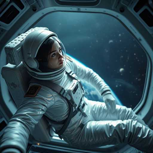 A woman wearing a white spacesuit is seated inside a spacecraft, gazing out of the window at Earth and stars visible through the circular window.