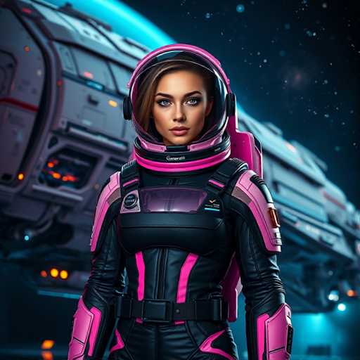 A woman is standing in front of a futuristic spaceship with purple and pink hues against a dark blue background. She is wearing a black and pink suit that includes a helmet with a visor and a backpack on her shoulders. The spaceship has multiple windows and appears to be equipped with various gadgets, suggesting advanced technology and space exploration capabilities.