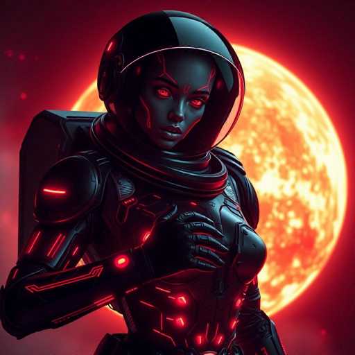 A woman is standing against a backdrop of a large orange and red star. She is wearing a black suit with neon accents that glows in the dark. The woman has her hands placed on her hips and her gaze directed towards the camera.