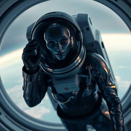 A woman wearing a black spacesuit with a silver emblem on her chest and helmet is captured mid-flight inside the International Space Station (ISS). She has her hand resting on her head in a relaxed pose. The background shows the Earth from space, providing a sense of depth to the image.