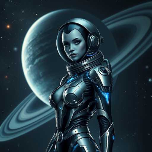 A woman dressed as an alien stands against a backdrop of a large planet with blue and white hues. The planet is surrounded by stars, creating a sense of depth and vastness to the scene. The woman's attire consists of a metallic suit that glows in shades of blue and silver, and she wears a helmet adorned with a visor that casts an ethereal glow.