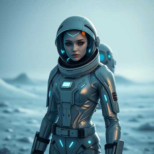 A woman wearing a silver suit and helmet stands on a rocky surface with her arms crossed over her chest. The background is a blurred image of mountains under an overcast sky.