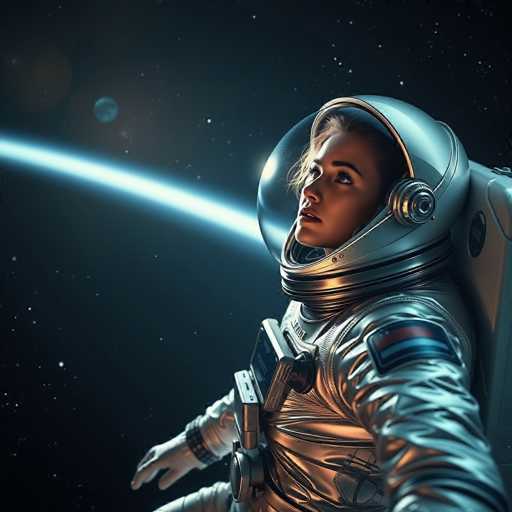 A woman wearing a silver spacesuit is captured from behind and looking up at the stars with her hands resting on her hips against a dark blue backdrop of space.