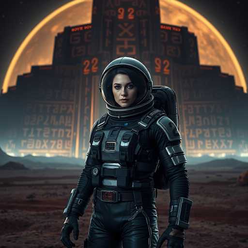 The image depicts an astronaut standing on a rocky surface with their back facing the camera. The astronaut is wearing a black spacesuit and helmet, which are illuminated by orange lights that cast a warm glow over the scene. In the background, there is a large building with a red roof, surrounded by mountains under a starry sky.