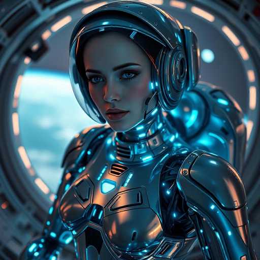 A woman is captured in a futuristic setting with her back facing the camera and wearing a silver suit that appears to be made of metal or some other metallic material. She has blue eyes and a serious expression on her face as she gazes directly into the camera. The background features a circular window, which could potentially be part of a spaceship or another futuristic environment.