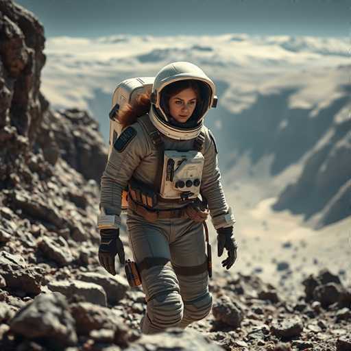 A woman dressed as an astronaut is walking on a rocky terrain with her back facing the camera and looking down at it. She has a backpack on her shoulders and a helmet on her head. The background shows a desert landscape under a clear blue sky.