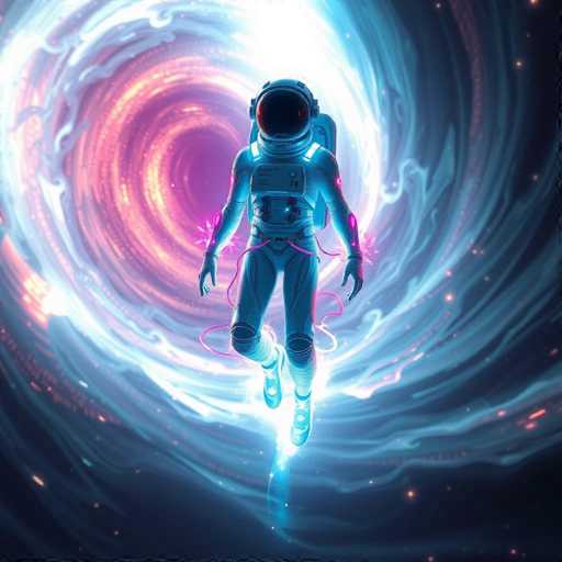 The image depicts an astronaut floating in space against a backdrop of a large black hole and swirling blue and pink hues. The astronaut is wearing a white spacesuit with a red helmet and has their arms outstretched as if reaching for something or embracing the vastness of the cosmos.