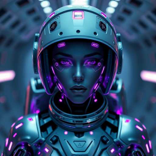 The image shows a close-up view of a person wearing a futuristic helmet with purple lights on the sides and a silver body. The individual is facing the camera directly, giving an impression of being in a space or spaceship setting.