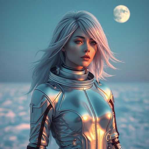 A woman with blonde hair wearing a silver suit stands on a snowy beach under the moonlight.