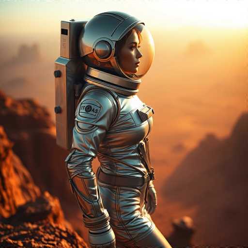 A woman dressed as an astronaut stands on a rocky cliff overlooking a desert landscape at sunset. She is wearing a silver suit and helmet with the word "TOS" written on it.