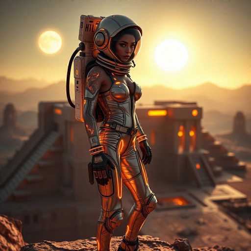 A woman dressed as an astronaut stands on a rocky cliff overlooking a desert landscape at sunset. She is wearing a silver suit and helmet with a visor that casts a warm glow against the orange hues of the setting sun. The woman holds a camera in her right hand, capturing the breathtaking view before her.