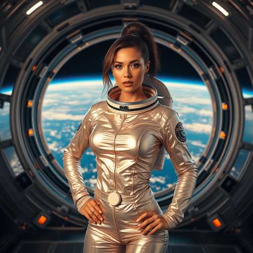 A woman wearing a gold jumpsuit with a white helmet and a silver badge on her chest is standing in front of a large circular window that opens up to the vast expanse of space.