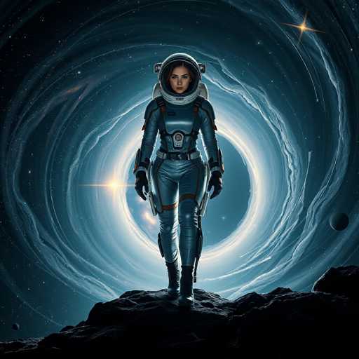 A woman dressed as an astronaut stands on a rocky surface with her back facing the camera and holding a gun. The background is filled with stars and planets, creating a sense of depth and vastness.