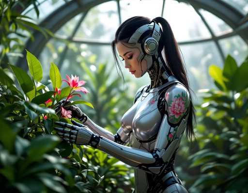 A woman with long dark hair wearing a silver bodysuit is holding a pink flower and looking at it intently. The background features a large window covered by green plants, creating an indoor setting for the scene.
