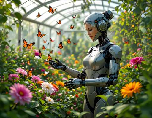 A woman dressed as a robot stands amidst a garden filled with pink and purple flowers, holding a butterfly delicately in her hand. The scene is set against the backdrop of a greenhouse roof adorned with numerous butterflies fluttering around.