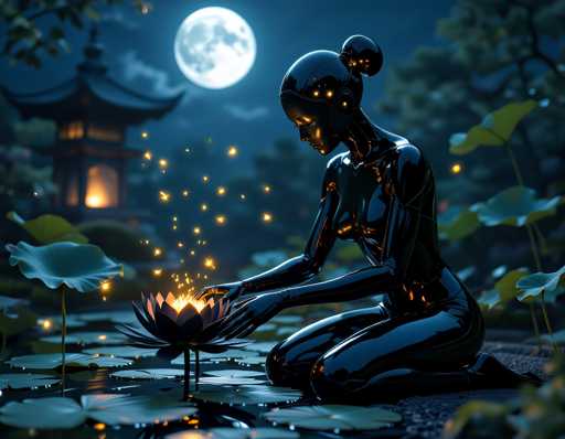 A woman is kneeling on her knees and holding a lotus flower with her hands. The lotus flower has a golden glow that illuminates the scene around it. In the background, there's a traditional Japanese temple with a pagoda roof and a lantern hanging from one of its eaves.