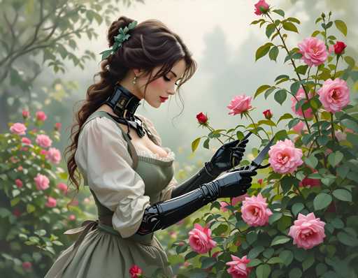 A woman with long brown hair wearing a green dress and black gloves is tending to pink roses in a garden setting.