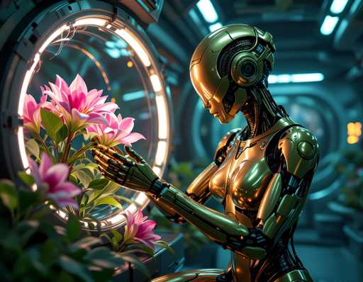 A robot with a metallic body and head is holding a pink flower in its left hand while wearing headphones on its right ear. The background features a green tunnel and a large window that allows light to enter the scene.
